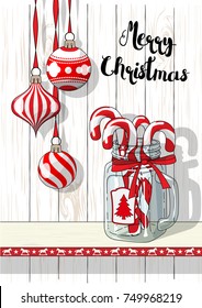 Holidays vintage motive, Christmas hanging decorations with rwith vintage glass jar and candy canes on white background with white wood texture, vector illustration, eps 10 with transparency