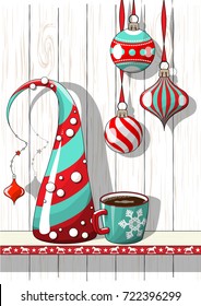 Holidays vintage motive, Christmas red and blue decorations with abstract cone tree and cup of coffee on white background with wood texture, vector illustration, eps 10 with transparency