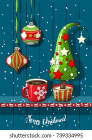 Holidays vintage motive, Christmas red and green decorations with abstract cone tree and cup of coffee on white background with wood texture, vector illustration, eps 10 with transparency