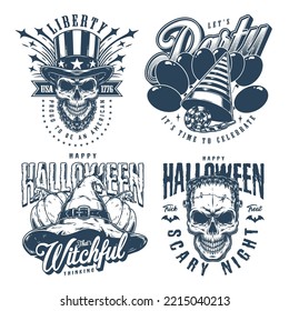 Holidays week and set vintage flyers monochrome America founding anniversary invitation or scary party in Halloween night vector illustration