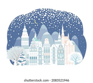 Holidays Winter Background. Celebration white background with houses, Christmas trees, mountains, snow and place for your text. Facades of traditional Alsatian half-timbered houses. Vector