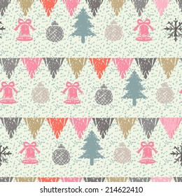 Holidays winter seamless pattern with Christmas tree, bells, balls, snowflakes and flags. Abstract geometric ornament. Repeating print background texture. Fabric design. Wallpaper - vector 