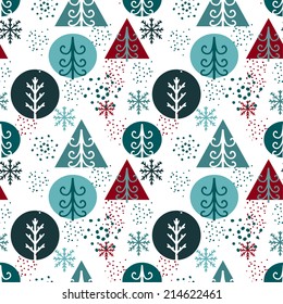 Holidays winter seamless pattern with Christmas tree, balls and snowflakes. Abstract geometric ornament. Repeating print background texture. Fabric design. Wallpaper - vector 