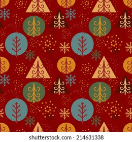 Holidays winter seamless pattern with Christmas tree, balls and snowflakes. Abstract geometric ornament. Repeating print background texture. Fabric design. Wallpaper - vector 