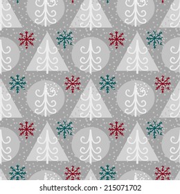 Holidays winter seamless pattern with Christmas tree, balls and snowflakes. Abstract geometric ornament. Repeating print background texture. Fabric design. Wallpaper - vector 
