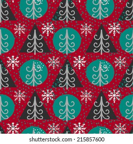 Holidays winter seamless pattern with Christmas tree, balls and snowflakes. Abstract geometric ornament. Repeating print background texture. Fabric design. Wallpaper - vector 