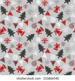 Holidays winter seamless pattern with Christmas tree, flags, snowflakes, bells and balls. Abstract print ornament. Repeating background texture. Fabric design. Wallpaper - vector