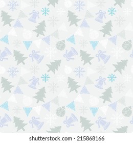 Holidays winter seamless pattern with Christmas tree, flags, snowflakes, bells and balls. Abstract print ornament. Repeating background texture. Fabric design. Wallpaper - vector