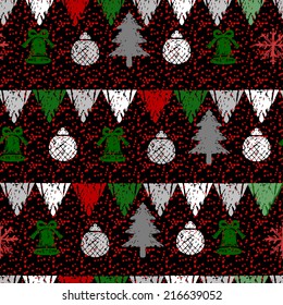 Holidays winter seamless pattern with Christmas tree, bells, balls, snowflakes and flags. Abstract geometric ornament. Repeating print background texture. Fabric design. Wallpaper - vector 