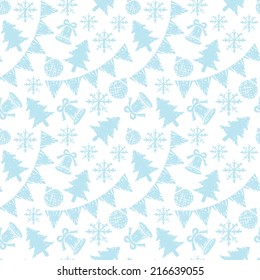 Holidays winter seamless pattern with Christmas tree, flags, snowflakes, bells and balls. Abstract print ornament. Repeating background texture. Fabric design. Wallpaper - vector