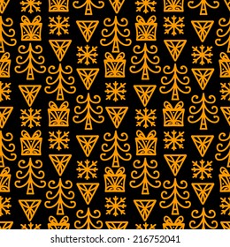 Holidays winter seamless pattern with Christmas tree, snowflake and gift box. Abstract geometric ornament. Repeating print background texture. Fabric design. Wallpaper 