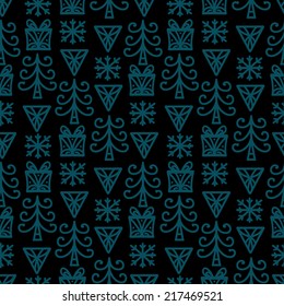 Holidays winter seamless pattern with Christmas tree, snowflake and gift box. Abstract geometric ornament. Repeating print background texture. Fabric design. Wallpaper