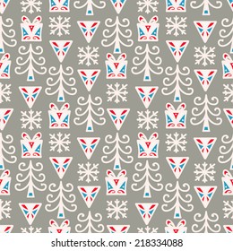 Holidays winter seamless pattern with Christmas tree, snowflake and gift box. Abstract geometric ornament. Repeating print background texture. Fabric design. Wallpaper