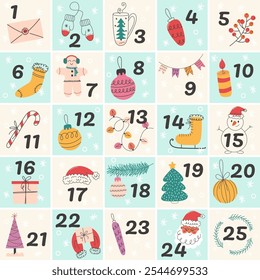 Holiday-themed advent calendar with cozy winter illustrations and numbers