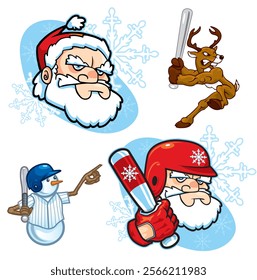 Holiday-themed baseball or softball graphics with Santa, reindeer, and snowman