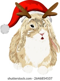 A holiday-themed bunny with decorative antlers and a Santa hat, blending animal cuteness with traditional Christmas symbols