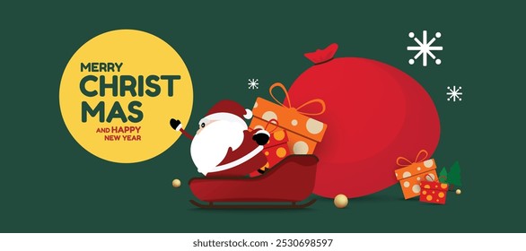 Holiday-themed Christmas greeting card with Santa Claus illustration, festive gifts and a warm seasonal message. Ideal for Christmas marketing materials, brochures and digital banners. vector design