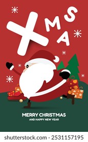 Holiday-themed Christmas greeting card with Santa Claus illustration, festive gifts and a warm seasonal message. Ideal for Christmas marketing materials, brochures and digital banners. vector design