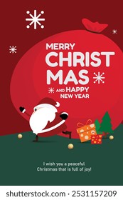 Holiday-themed Christmas greeting card with Santa Claus illustration, festive gifts and a warm seasonal message. Ideal for Christmas marketing materials, brochures and digital banners. vector design