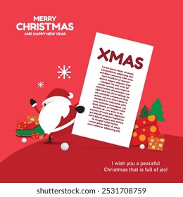 Holiday-themed Christmas greeting card with Santa Claus illustration, festive gifts and a warm seasonal message. Ideal for Christmas marketing materials, brochures and digital banners. vector design