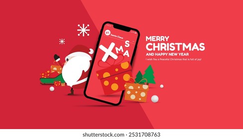 Holiday-themed Christmas greeting card with Santa Claus illustration, festive gifts and a warm seasonal message. Ideal for Christmas marketing materials, brochures and digital banners. vector design