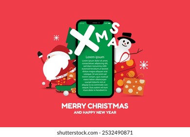 Holiday-themed Christmas greeting card with Santa Claus illustration, festive gifts and a warm seasonal message. Ideal for Christmas marketing materials, brochures and digital banners. vector design