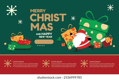 Holiday-themed Christmas greeting card with Santa Claus illustration, festive gifts and a warm seasonal message. Ideal for Christmas marketing materials, brochures and digital banners. vector design