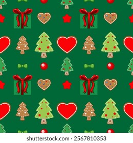 Holiday-themed design with trees, hearts, and gifts
