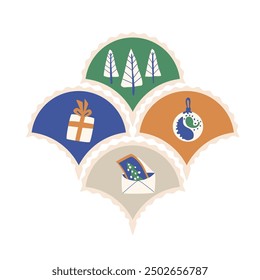 Holiday-themed scallop sticker featuring Christmas decorations, gifts, balls and trees and festive envelopes isolated on white background. Vector hand drawn illustration
