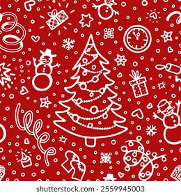 Holiday-themed seamless design featuring a decorated Christmas tree, confetti, snowmen, gifts, and seasonal icons in white line art