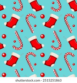 Holiday-themed seamless pattern with stockings and candy canes