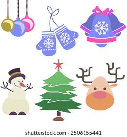 Holiday-themed set includes snowman, reindeer, Christmas tree, mittens, bells, and various colorful ornaments. Perfect for seasonal design, decorating, or creating festive projects.