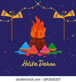 Holika Dahan Concept With Bonfire, Color Powder (Gulal) In Bowls, Loudspeaker And Bunting Flag On Blue Background.