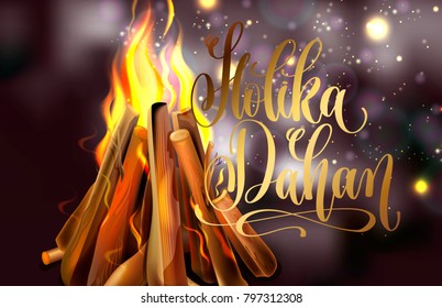 Holika Dahan greeting card design with a realistic fire in the night lights, vector illustration