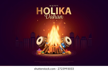 Holika Dahan Post and Greeting Card. Happy Holika Dahan Indian Festival Celebration Background. Creative Vector Illustration Design.