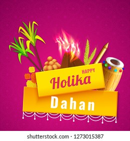 Holika dahan template or poster design with festival elements illustration on fuchsia background.