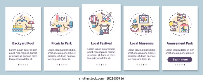 Holistay ideas onboarding mobile app page screen with concepts. Budget friendly leisure activities walkthrough 5 steps graphic instructions. UI vector template with RGB color illustrations