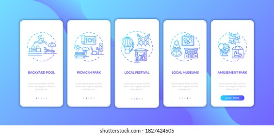 Holistay ideas onboarding mobile app page screen with concepts. Local museums and festivals. Walkthrough 5 steps graphic instructions. UI vector template with RGB color illustrations