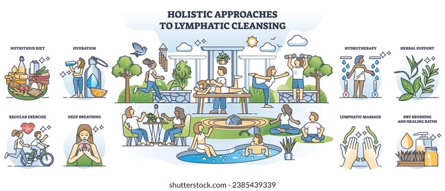 Holistic approaches to lymphatic cleansing and relaxation outline collection set. Labeled scenes with healthy lifestyle for body detox and wellness support vector illustration. SPA treatment and diet