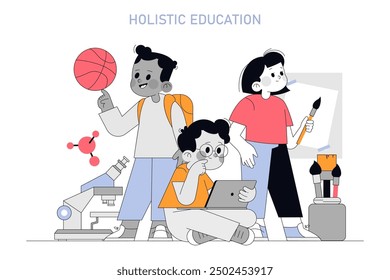 Holistic education concept. Children engage in sports, arts, and science to foster all-around development. Personal growth through diverse learning experiences. Vector illustration.