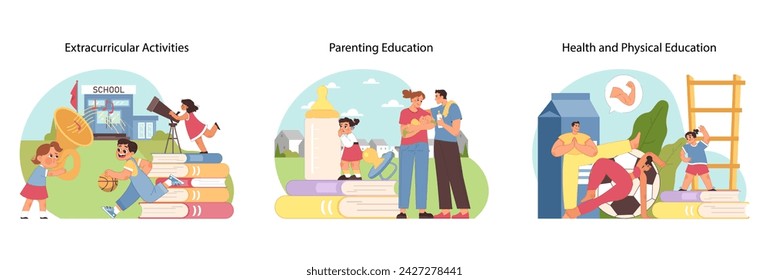 Holistic education set. People of various ages study. Extracurricular activities, parenting education, and health and physical education as integral to comprehensive learning. Flat vector illustration