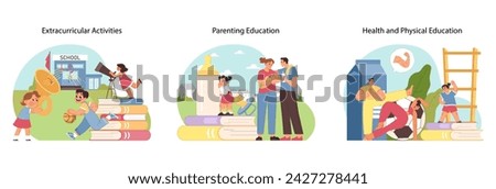 Holistic education set. People of various ages study. Extracurricular activities, parenting education, and health and physical education as integral to comprehensive learning. Flat vector illustration