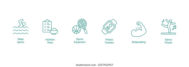 Holistic Fitness Icon Set - Vector Illustrations for Water Sports, Nutrition Plans, Sports Equipment, Fitness Trackers, Bodybuilding, and Dance Fitness