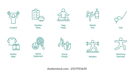 Holistic Fitness Icon Set - Vector Illustrations for CrossFit, Nutrition, Yoga, Martial Arts, Golf, Athletic Wear, Sport s Equipment, Group Fitness, Aerobics, and Stretching Exercises