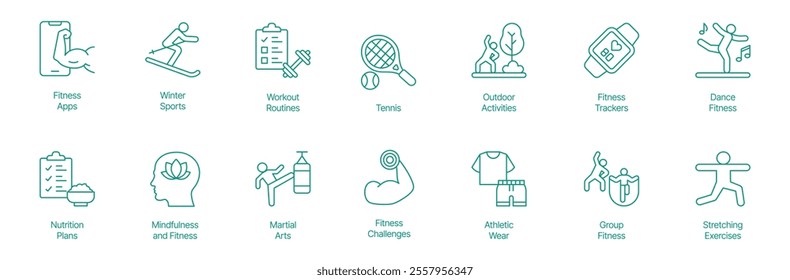 Holistic Fitness and Wellness Icon Set - Vector Illustrations for Fitness Apps, Winter Sports, Workout Routines, Tennis, Outdoor Activities, Fitness Trackers, Dance Fitness, Nutrition Plans 