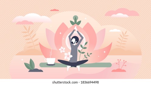 Holistic healing as man soul meditation and inner peace tiny person concept. Healthy male relaxation as body and mind treatment vector illustration. Spiritual wellness lifestyle with yoga harmony.