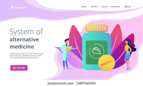 Holistic healing. Natural remedy for illness treatment. Medicine practice. Homeopathy, homeopathic medicine, system of alternative medicine concept. Website homepage landing web page template.