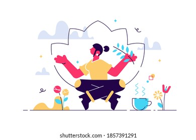 Holistic healing self treatment with peaceful mediation tiny person concept. Spiritual therapy for body and mind with harmony yoga vector illustration. Alternative medicine for wellness and health.