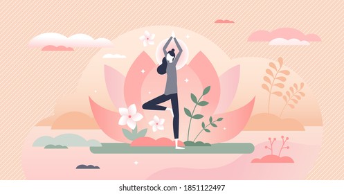 Holistic healing tree pose, calm mind meditation therapy tiny person concept. Peaceful spiritual body and mind treatment yoga vector illustration. Alternative medicine for wellness and health harmony
