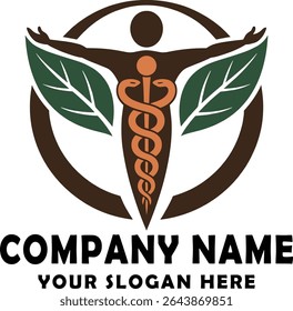 Holistic health logo featuring a person, leaves, and caduceus symbol within a circle. Suitable for natural medicine or wellness businesses.